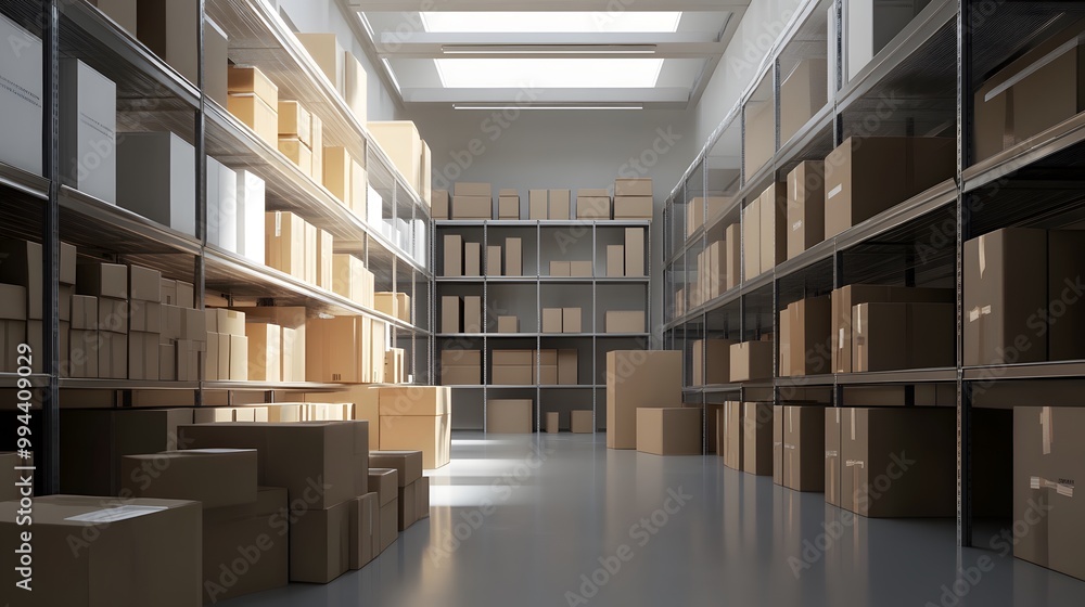 A spacious warehouse interior filled with neatly stacked boxes on shelves, illuminated by natural light through skylights. A spacious warehouse interior filled with neatly stacked boxes on shelves, illuminated by natural light through skylights.