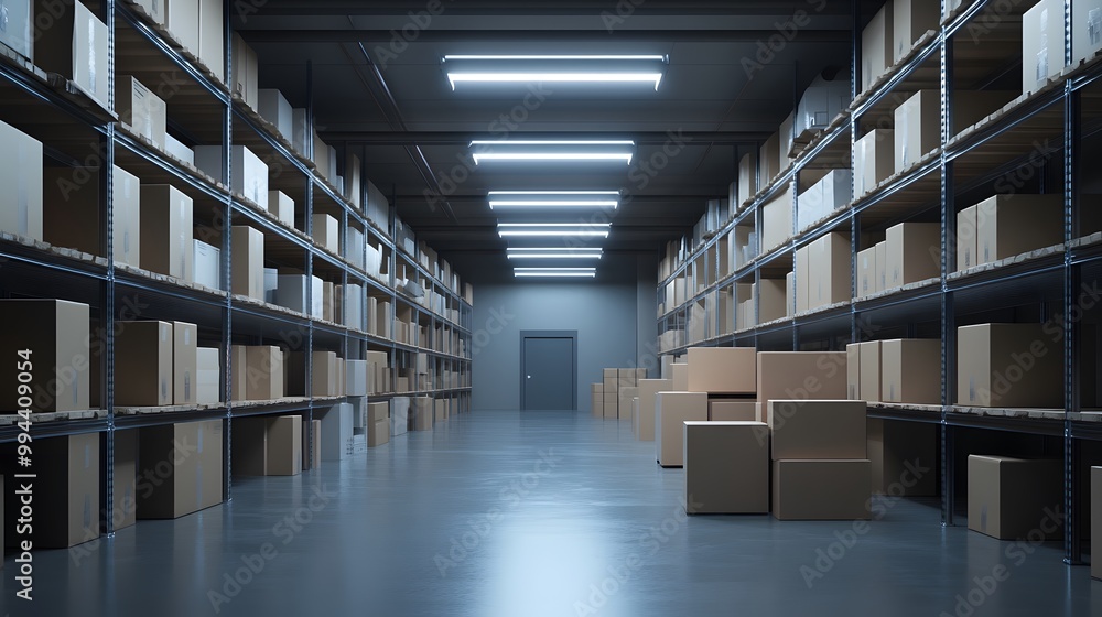 A modern warehouse interior featuring neatly stacked boxes on shelves, illuminated by bright overhead lights. A modern warehouse interior featuring neatly stacked boxes on shelves, illuminated by bright overhead lights.