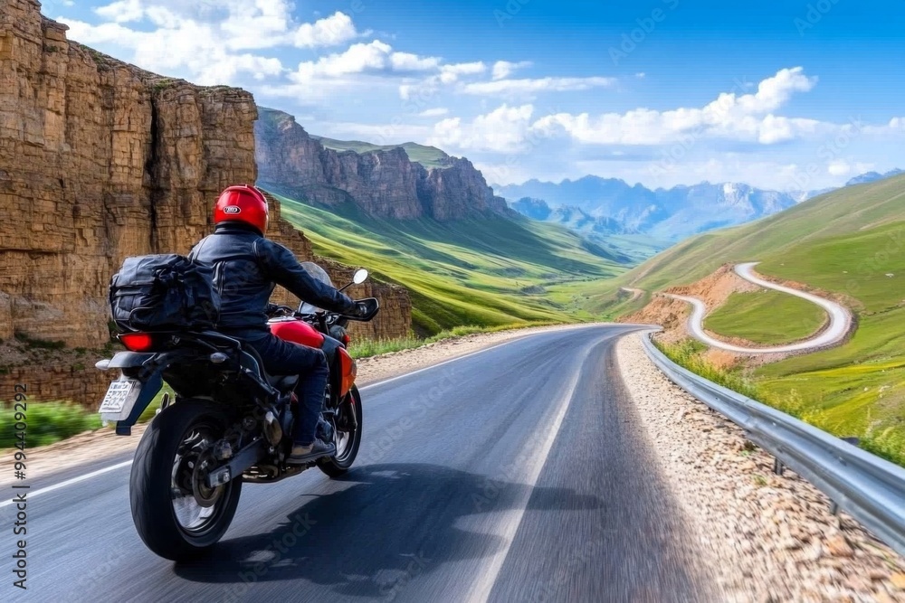 A motorcyclist riding along a remote mountain road, with dramatic cliffs and a winding path ahead A motorcyclist riding along a remote mountain road, with dramatic cliffs and a winding path ahead
