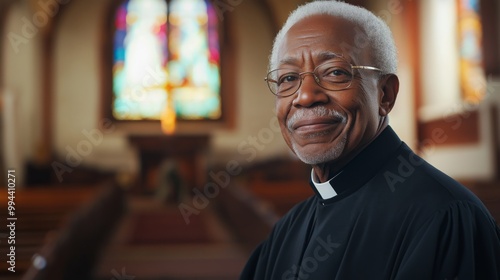 Elderly African American Male Protestant Pastor in Traditional Clergy Attire in Church Interior, Background Stained Glass Windows