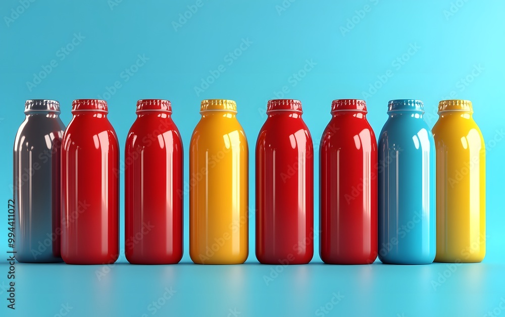 A vibrant collection of colorful bottles arranged neatly against a bright blue background, perfect for creative projects. A vibrant collection of colorful bottles arranged neatly against a bright blue background, perfect for creative projects.