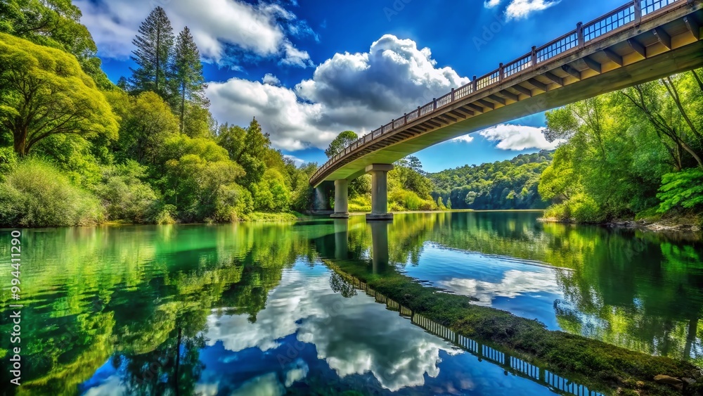 Scenic View of a Big Creek Bridge Surrounded by Lush Greenery and Calm Water Under a Clear Sky Scenic View of a Big Creek Bridge Surrounded by Lush Greenery and Calm Water Under a Clear Sky
