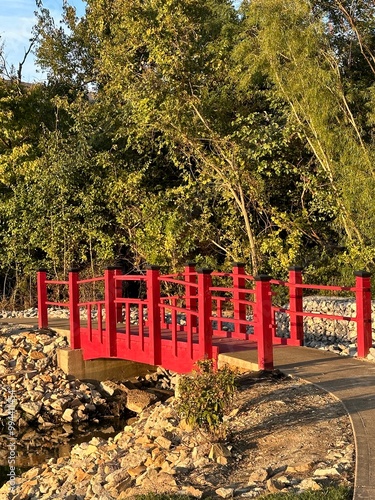 summer in the park with a red bridge