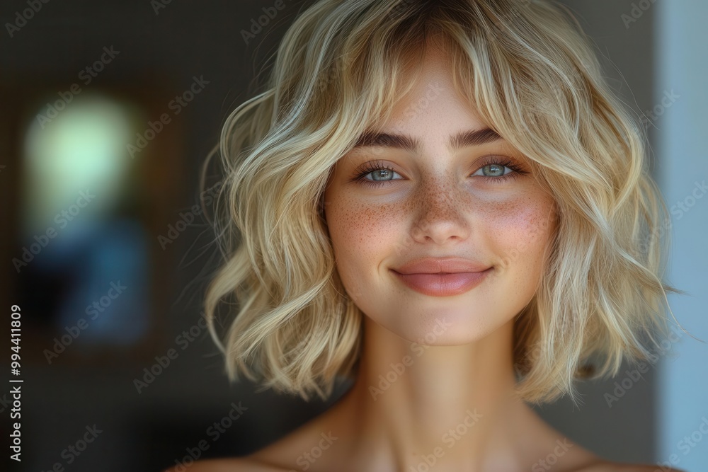 a blonde model with short curly hair beams with a radiant smile embodying fashion and beauty in a stunning portrait this captivating image highlights confidence and style in contemporary aesthetics