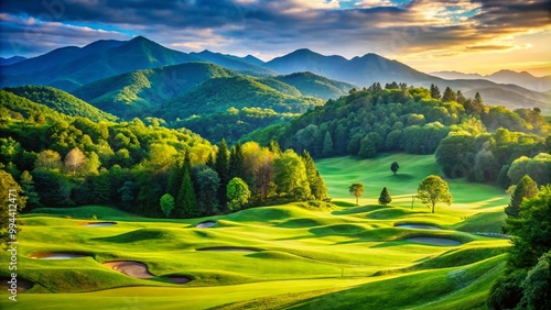 Scenic view of Crowders Mountain Golf Course in North Carolina featuring lush greens and rolling hills photo