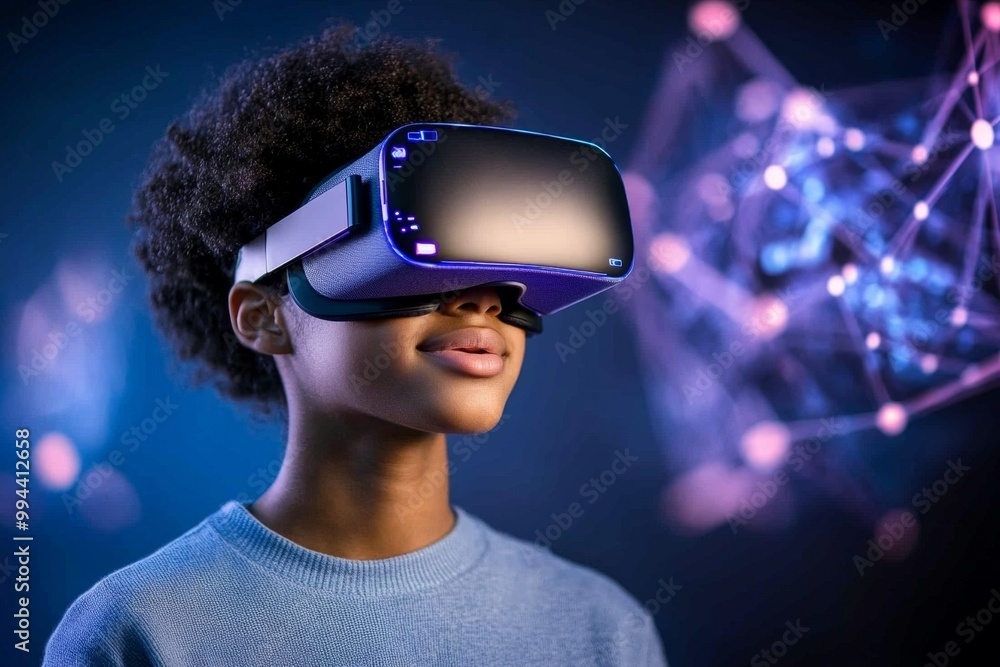 A student attending a virtual reality class in a futuristic e-learning system, using VR goggles to explore immersive digital lessons A student attending a virtual reality class in a futuristic e-learning system, using VR goggles to explore immersive digital lessons