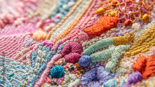 Create an image showcasing various embroidery techniques like satin stitch, French knots, and cross-stitch. Use close-up views with labels to highlight each technique's characteristics and application