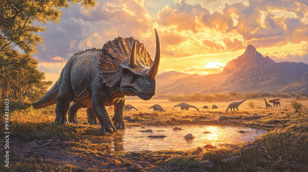 Fototapeta premium A realistic depiction of a triceratops in a wide, open savannah, the golden hour lighting accentuating the rugged texture of its horns and skin