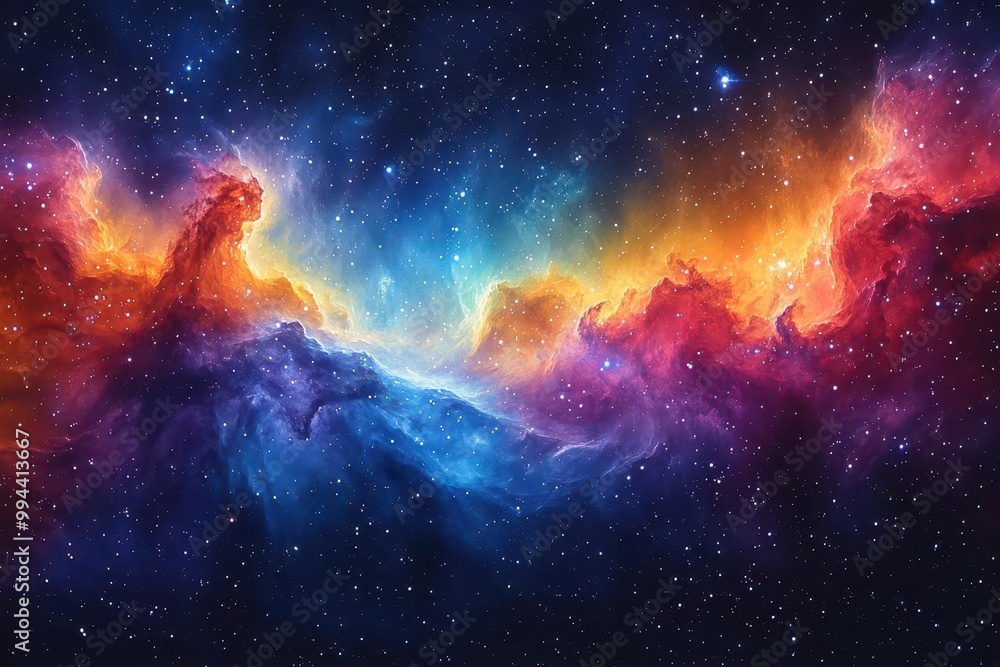 Naklejka premium a dazzling space nebula illuminated with vibrant colors swirling cosmic clouds and twinkling stars creating a mesmerizing view of the galaxy beyond our world