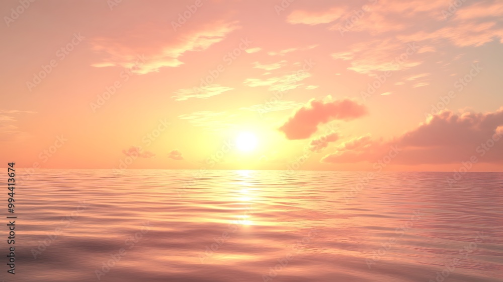 Fototapeta premium A Tranquil Sunset: Soft Hues of Orange and Pink Merging Over Calm Waters, Creating a Peaceful Evening Atmosphere with Gentle Breezes and the Distant Call of Birds Soothing the Senses.