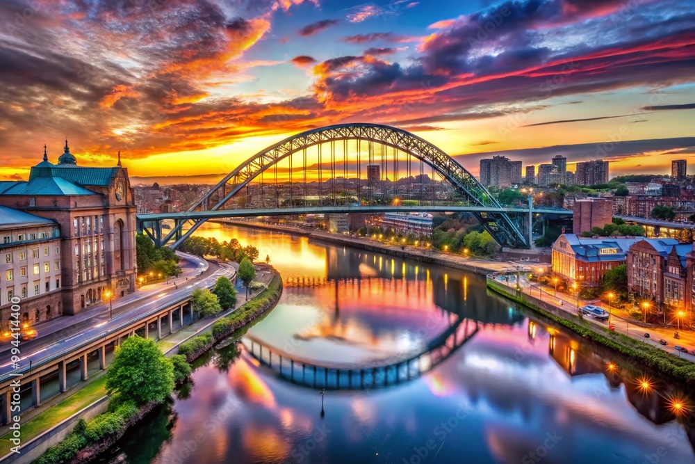 Obraz premium Scenic View of Newcastle upon Tyne City Skyline with Iconic Bridges and River Tyne at Sunset