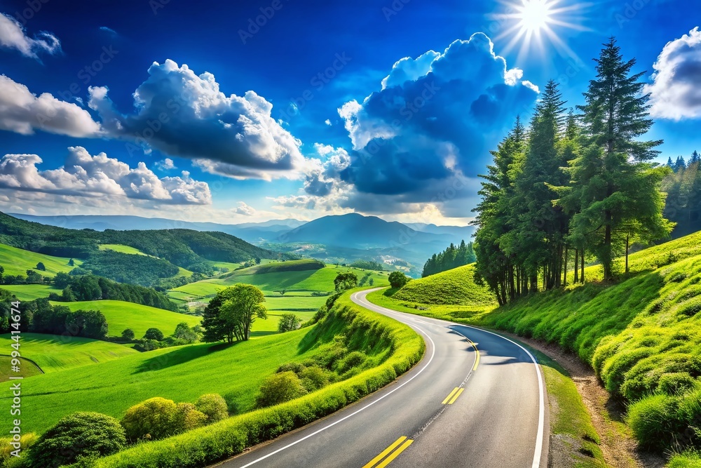 Scenic view of paved roads winding through lush green landscapes under a bright blue sky Scenic view of paved roads winding through lush green landscapes under a bright blue sky