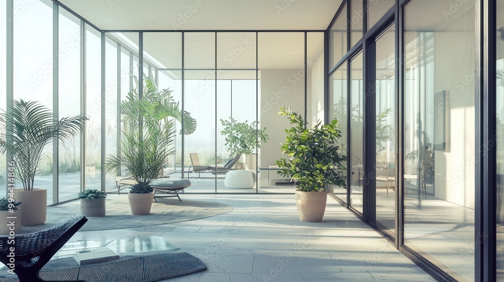 Fototapeta premium A minimalist conservatory with glass walls, a few select potted plants, and simple furniture The room blends seamlessly with the outdoors, offering a tranquil space for relaxation