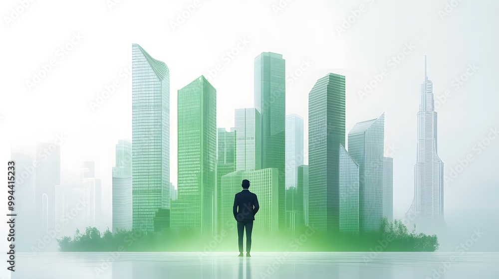 A person in business attire stands before an illustration of green buildings and cityscape, symbolizing the impact on urban life through sustainable building practices A person in business attire stands before an illustration of green buildings and cityscape, symbolizing the impact on urban life through sustainable building practices