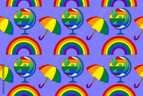 Illustration of a rainbow globe, umbrellas, and arcs representing LGBTQ plus pride and global inclusivity. Perfect for celebrating diversity and unity.