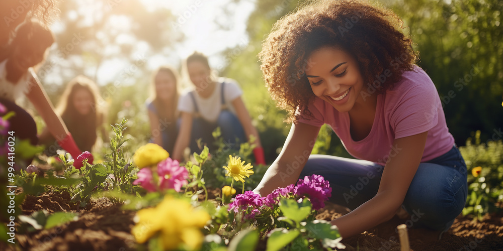 Fototapeta premium Gruppe junger Meschen arbeiten gemeinschaftlich im Garten