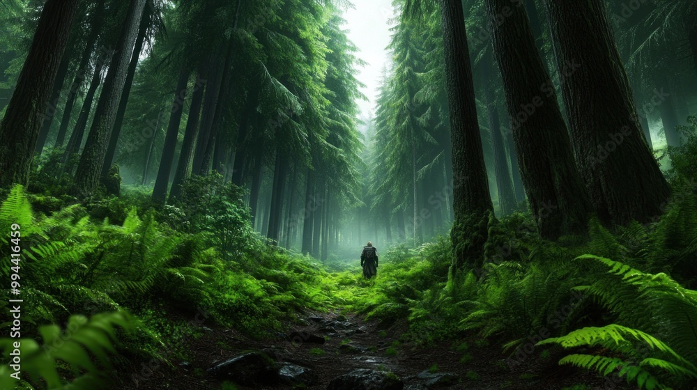 A person walks along a narrow path through a dense forest filled with tall trees and lush ferns, illuminated by gentle morning light filtering through the canopy A person walks along a narrow path through a dense forest filled with tall trees and lush ferns, illuminated by gentle morning light filtering through the canopy