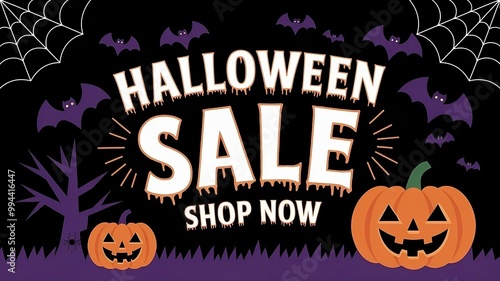 Halloween-themed image with HALLOWEEN SALE SHOP NOW background is black, and text is decorated with Halloween elements such as bats, a jack-o'-lantern, and spider webs created with generative ai