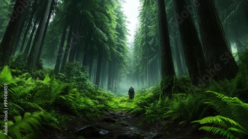 A person walks along a narrow path through a dense forest filled with tall trees and lush ferns, illuminated by gentle morning light filtering through the canopy