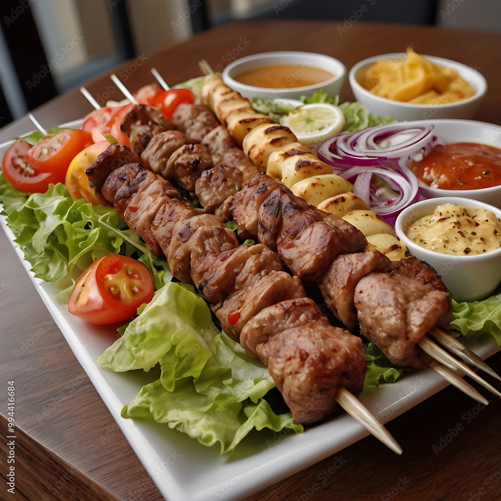 Delicious fresh Kebab assortment Served with some salad, grilled chicken skewers with a side of grilled vegetables, grilled kebab with couscous and vegetables Delicious fresh Kebab assortment Served with some salad, grilled chicken skewers with a side of grilled vegetables, grilled kebab with couscous and vegetables