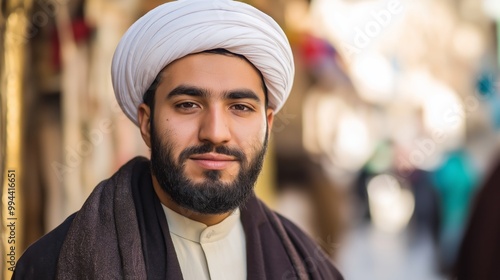 Shiite Muslim Cleric in Traditional Attire, Middle Eastern Street, Cultural Representation, Diversity, Religion, Islamic Heritage photo