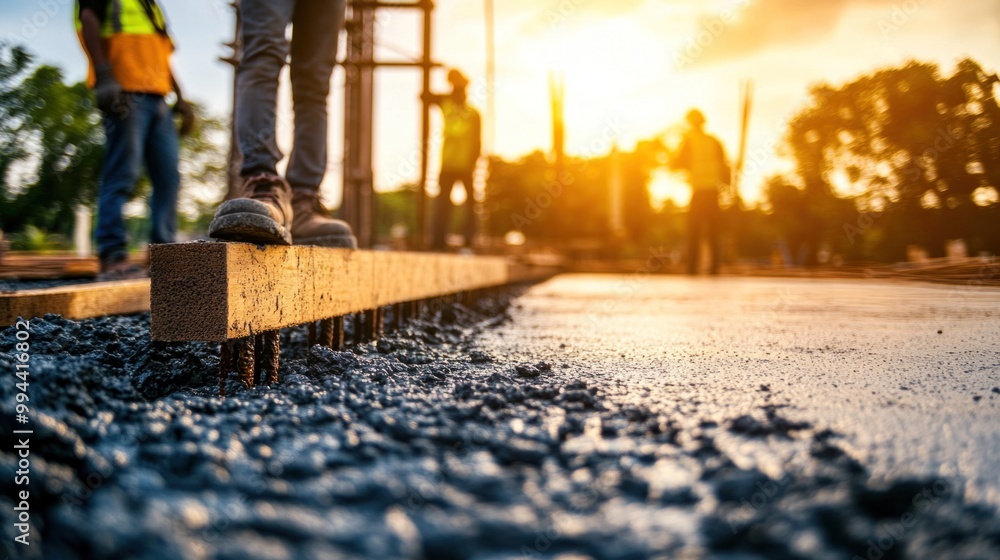 Workers are busy pouring concrete on a construction site during sunset. The warm glow of the sun enhances the scene while creating a dynamic atmosphere for the project Workers are busy pouring concrete on a construction site during sunset. The warm glow of the sun enhances the scene while creating a dynamic atmosphere for the project