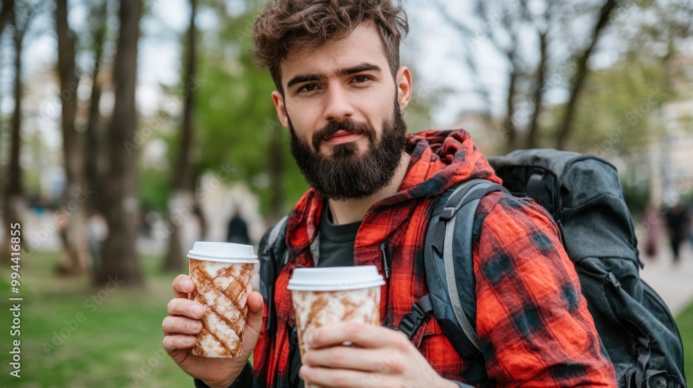 A young man with a beard, dressed in a red and black checkered jacket, holds two cups of coffee in a vibrant park filled with trees, enjoying the outdoors A young man with a beard, dressed in a red and black checkered jacket, holds two cups of coffee in a vibrant park filled with trees, enjoying the outdoors
