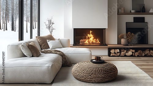 Wallpaper Mural  White corner sofa near fireplace. Scandinavian home interior design of modern living room.  Torontodigital.ca