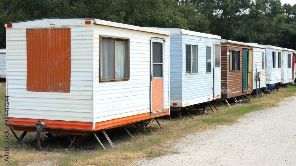 A row of various mobile homes stands on a gravel road in a serene rural area. The homes display different colors and vintage designs under the warm afternoon sun, highlighting their unique charm A row of various mobile homes stands on a gravel road in a serene rural area. The homes display different colors and vintage designs under the warm afternoon sun, highlighting their unique charm