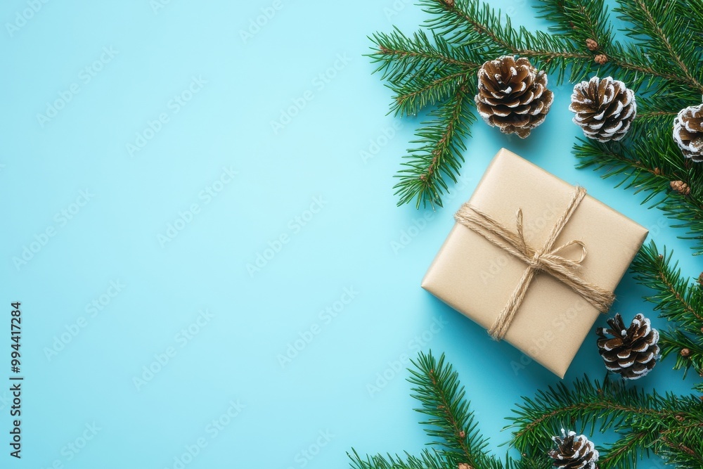 Gift Box with Pine Branches on Blue Festive Background
Gift Box with Pine Branches on Blue Festive Background