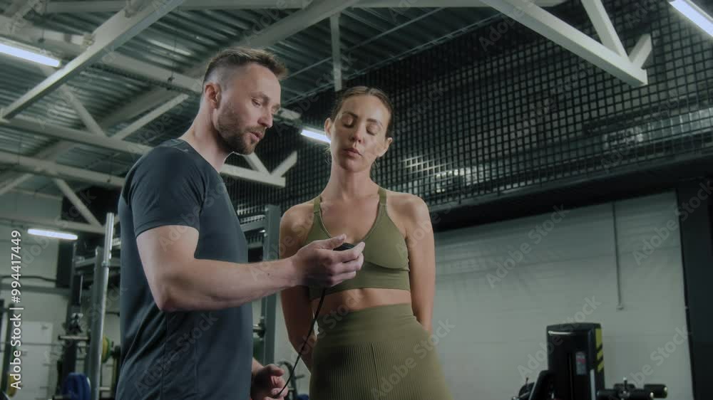 Personal fitness trainer showing time on stopwatch and giving advice to young athletic woman during workout in gym Personal fitness trainer showing time on stopwatch and giving advice to young athletic woman during workout in gym