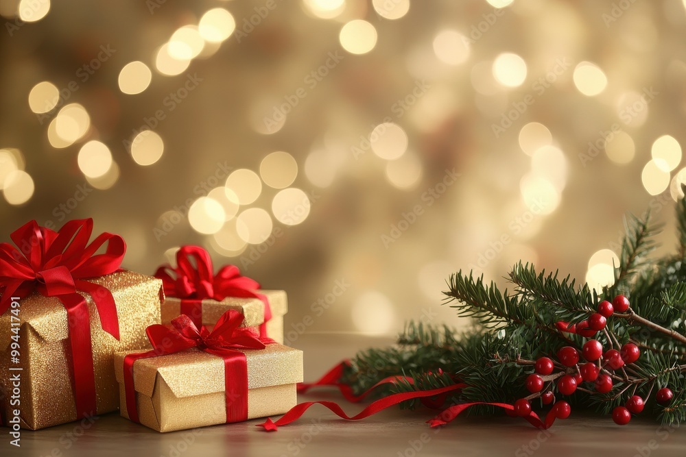 Christmas Gift Boxes with Red Ribbons and Golden Bokeh Lights
Christmas Gift Boxes with Red Ribbons and Golden Bokeh Lights