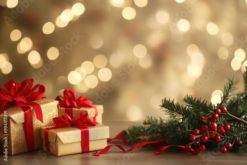 Christmas Gift Boxes with Red Ribbons and Golden Bokeh Lights 