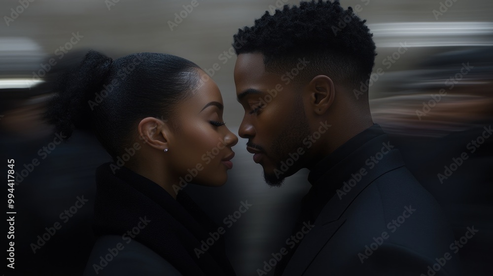 In a bustling urban setting, a couple stands close, foreheads gently touching, embracing a moment of intimacy amid the blurred faces of a lively crowd In a bustling urban setting, a couple stands close, foreheads gently touching, embracing a moment of intimacy amid the blurred faces of a lively crowd