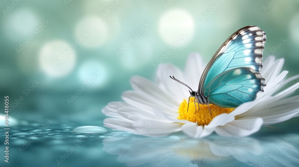 A stunning blue butterfly peacefully rests on a daisy’s bright yellow center, surrounded by soothing tones and soft bokeh lights, capturing a serene summer moment A stunning blue butterfly peacefully rests on a daisy’s bright yellow center, surrounded by soothing tones and soft bokeh lights, capturing a serene summer moment