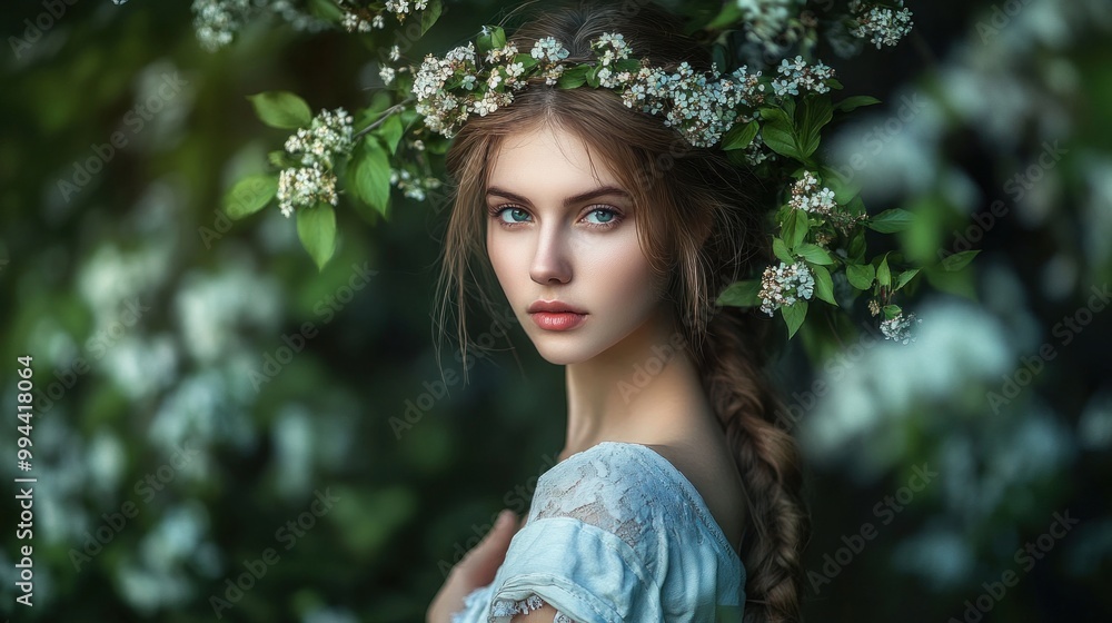 Surrounded by vibrant foliage and delicate flowers, a young woman gazes softly at the camera. Her floral crown complements her gentle expression, embodying the spirit of spring Surrounded by vibrant foliage and delicate flowers, a young woman gazes softly at the camera. Her floral crown complements her gentle expression, embodying the spirit of spring