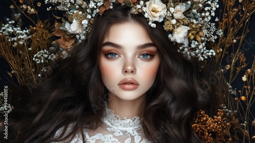 The woman is styled with intricate floral arrangements in her hair, exuding elegance and charm. Her makeup highlights her striking features, creating a mesmerizing aesthetic