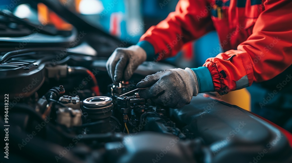 Mechanic working on a car engine in a garage Mechanic working on a car engine in a garage