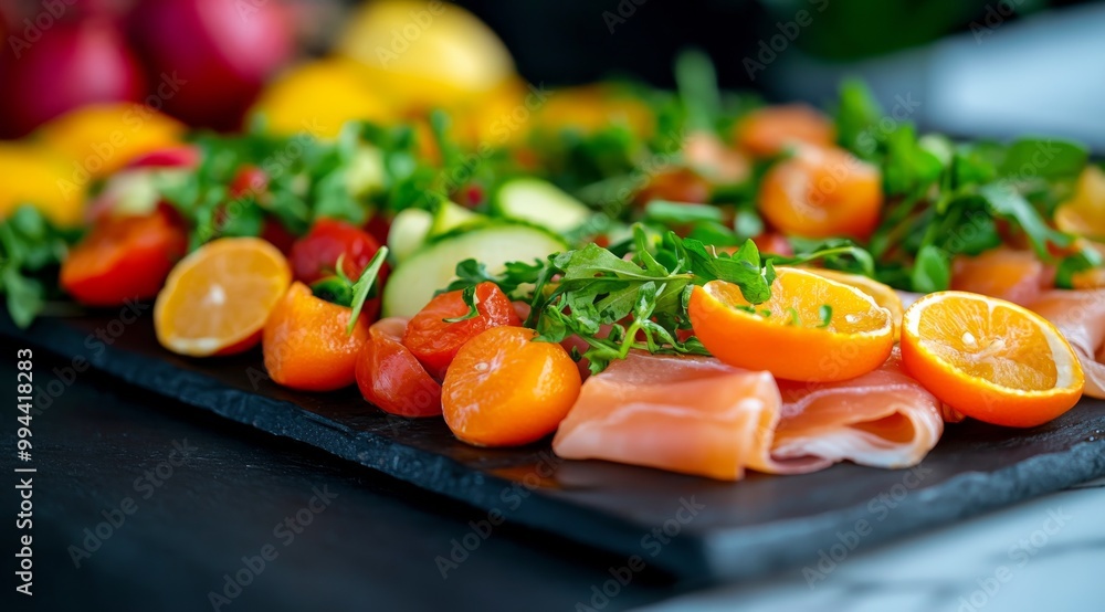 Fresh salad with cherry tomatoes and smoked salmon on a dark tabletop in natural light