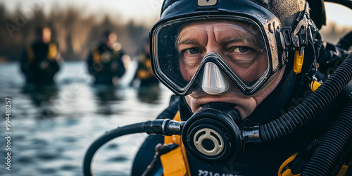 Rettungstaucher mit Team im Hintergrund während eines Einsatzes photo