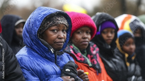 A group of individuals stands close together, dressed in vibrant winter attire, bracing against the chilly rain. The atmosphere reflects community solidarity in harsh weather