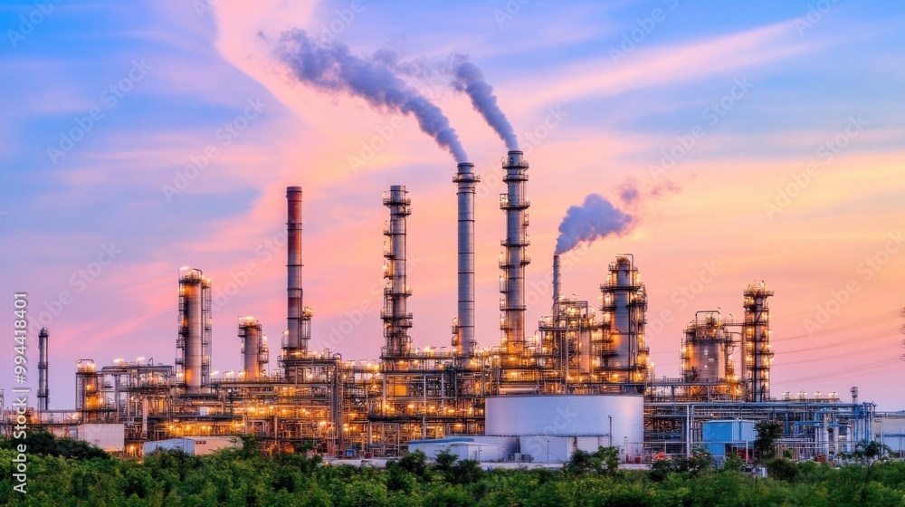 An industrial facility is silhouetted against an orange and purple sunset, featuring several tall smokestacks emitting white smoke, surrounded by greenery and infrastructure An industrial facility is silhouetted against an orange and purple sunset, featuring several tall smokestacks emitting white smoke, surrounded by greenery and infrastructure