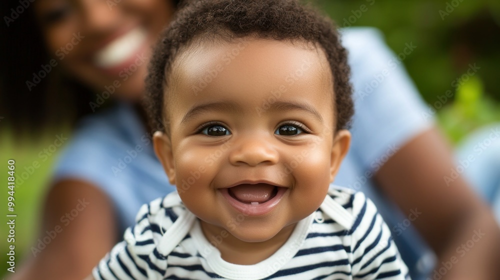 The baby smiles broadly while playing in a lush green park, reflecting happiness and joy in the warm sunlight, with his mother nearby, creating a loving atmosphere The baby smiles broadly while playing in a lush green park, reflecting happiness and joy in the warm sunlight, with his mother nearby, creating a loving atmosphere