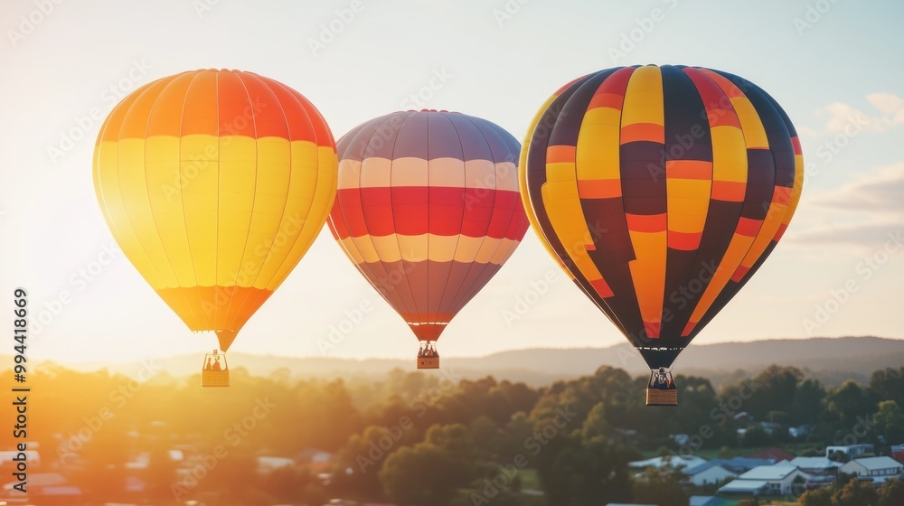 Fototapeta premium Three vibrant hot air balloons gracefully float in the sky during sunset, casting colorful reflections over the lush countryside and nearby town below