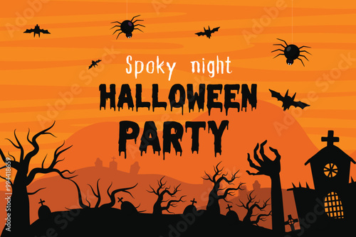 Spoky night halloween party horizontal banner background in night yellow scene with halloween bats photo