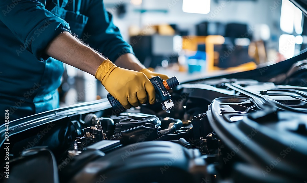 Mechanic working on car engine in a workshop. Close up on gloved hands using tools. Mechanic working on car engine in a workshop. Close up on gloved hands using tools.