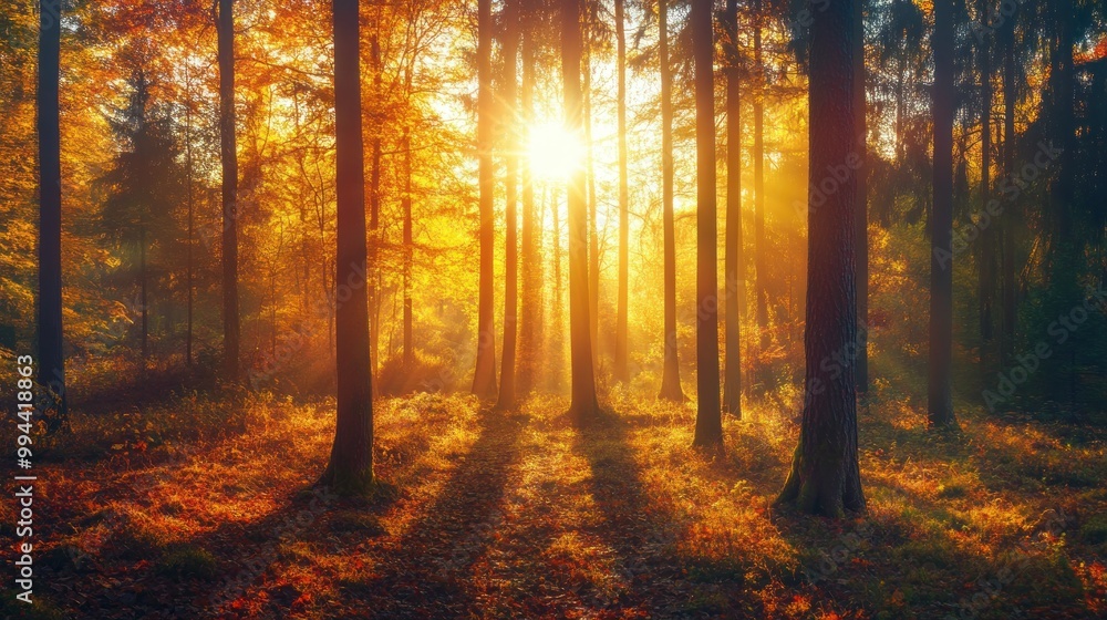 Obraz premium Golden Sunlight Filtering Through Dense Forest Trees
