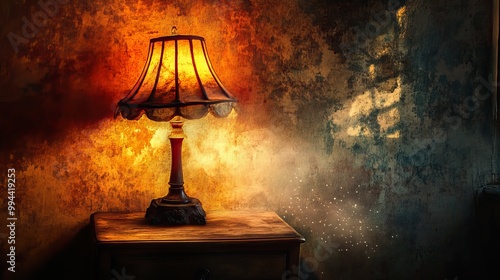 A delicate lamp rests gracefully upon an antique nightstand, its warm glow casting ethereal shadows across the room. As the final rays of sunset paint the horizon in hues of gold and crimson photo