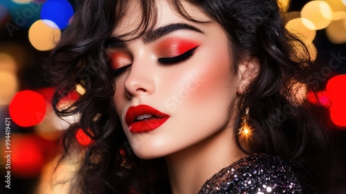 A woman showcases striking red lipstick and vibrant eyeshadow, her curly hair framing her face, all highlighted by a shimmering background filled with colorful lights