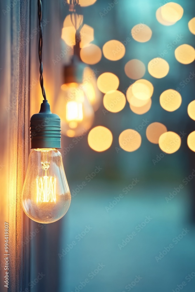 Warm glowing Edison bulbs illuminate a cozy outdoor space during the evening hours Warm glowing Edison bulbs illuminate a cozy outdoor space during the evening hours